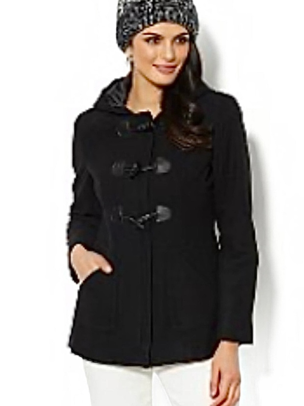 New York & Co. black zip-up hooded coat with toggle buttons